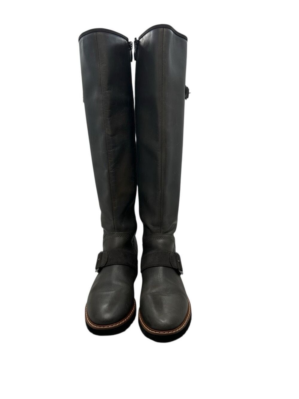 Franco Sarto Cutler Gray Leather Tall Riding  Boots Buckle Lug Sole Womens 6.5
